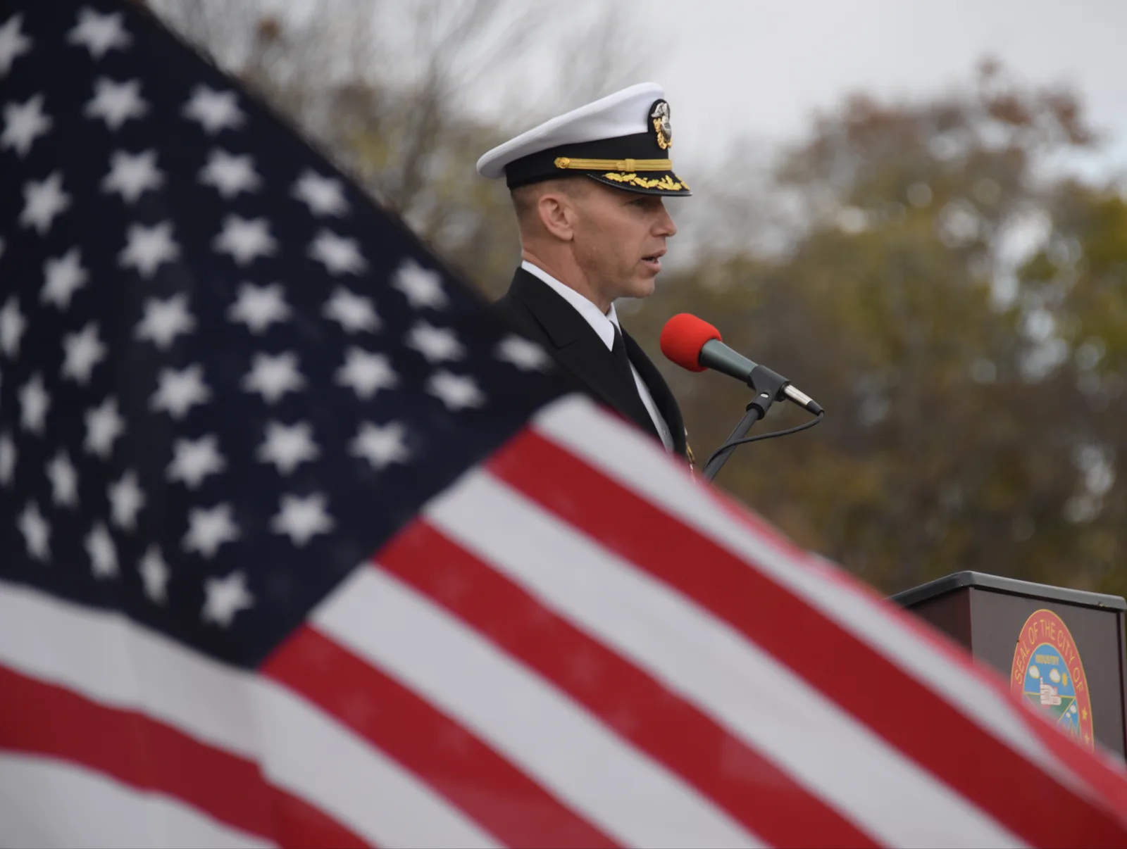 A Navy officer speaks at a Veterans Day ceremony held by the city of La Vergne, Tenn., about 12 miles east of Brentwood.