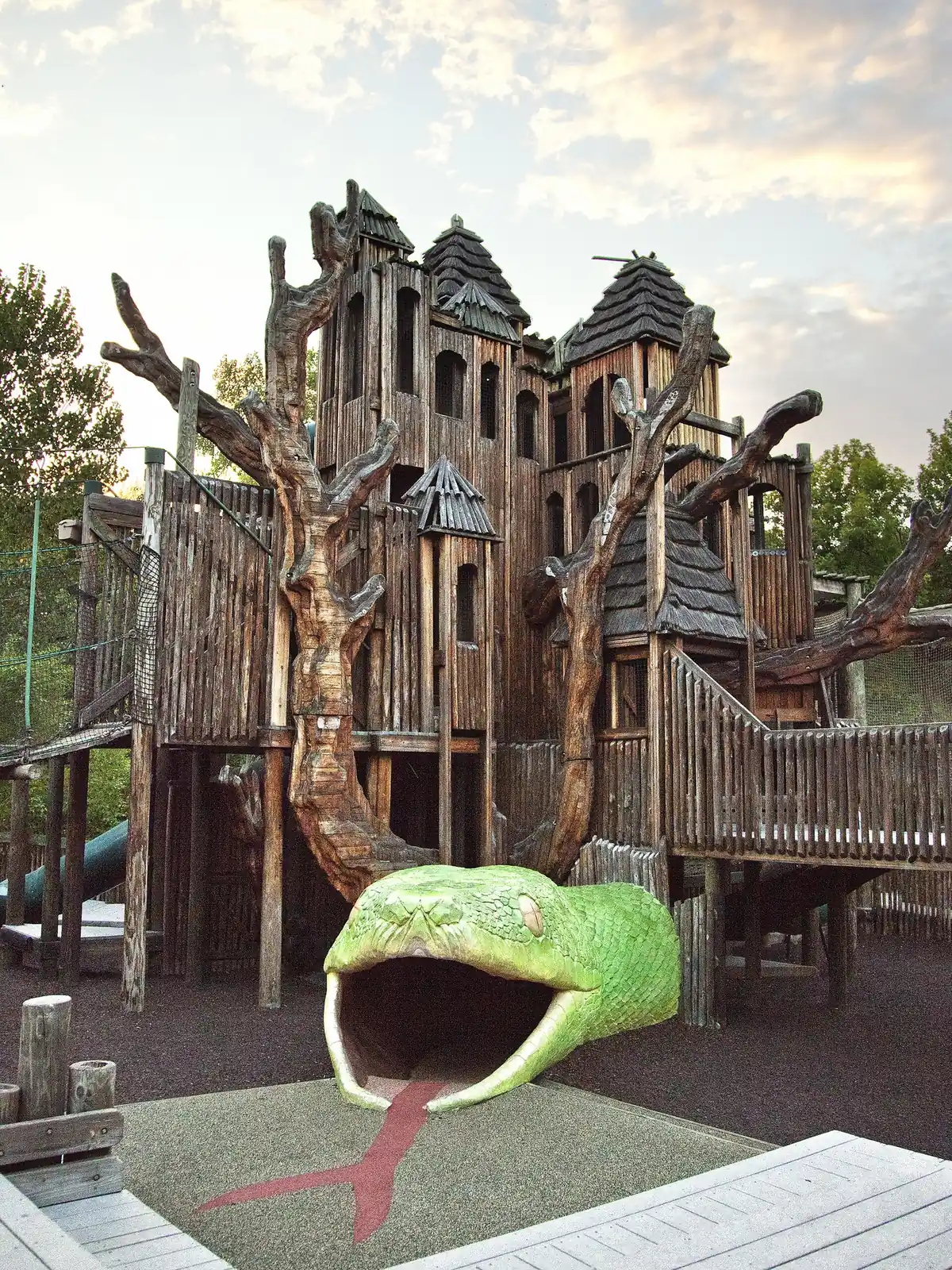The wooden Jungle Gym playground with its snake-head tunnel at Nashville Zoo at Grassmere on Nolensville Pike, about seven miles north of Brentwood