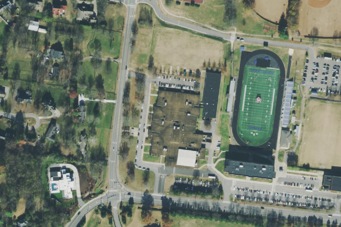 Brentwood Middle School on Murray Lane in Brentwood, seen from the air in 2021, before the school was rebuilt; Brentwood High's stadium is at right