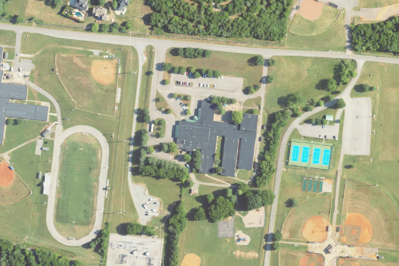 Grassland Elementary School and its playing fields on Manley Lane in the Grassland community, west of Brentwood, seen from the air