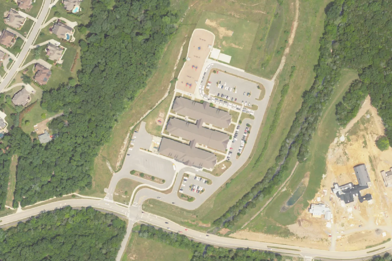 Jordan Elementary School on Split Log Road in Brentwood, seen from the air in 2023