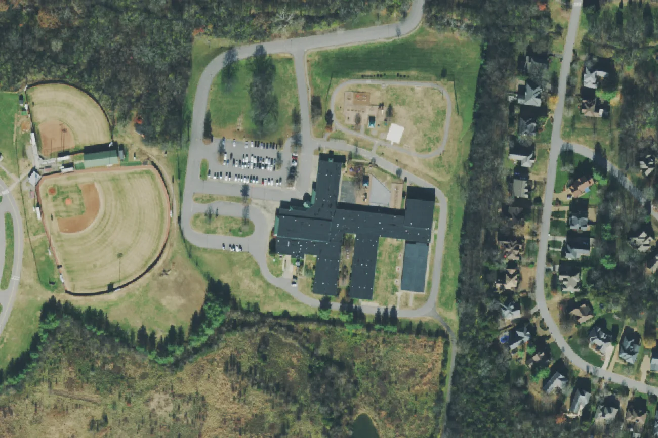 Kenrose Elementary School and the ball field beside it on Raintree Parkway in Brentwood, seen from the air in 2021