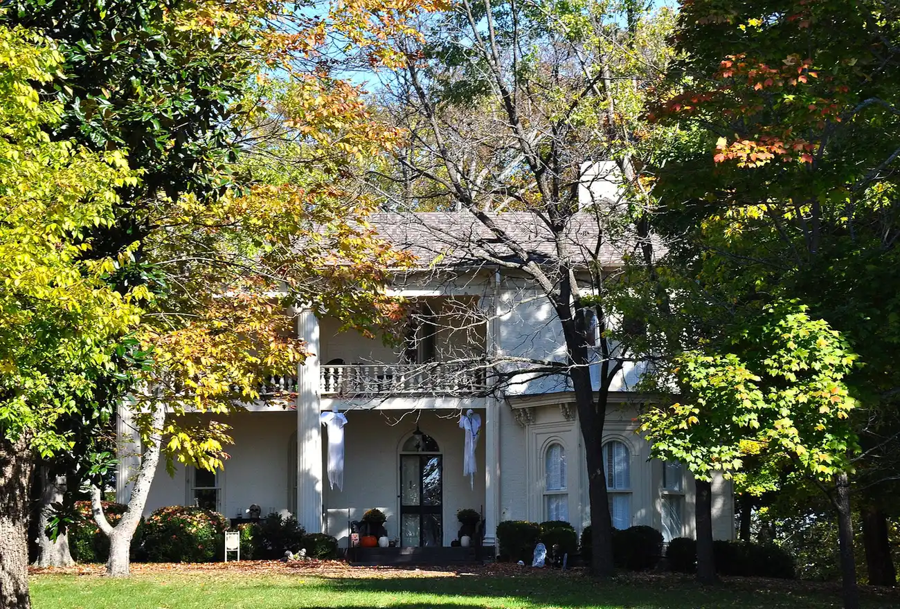 The Owen-Cox House on Moores Lane in Brentwood, decorated with ghosts and pumpkins for Halloween